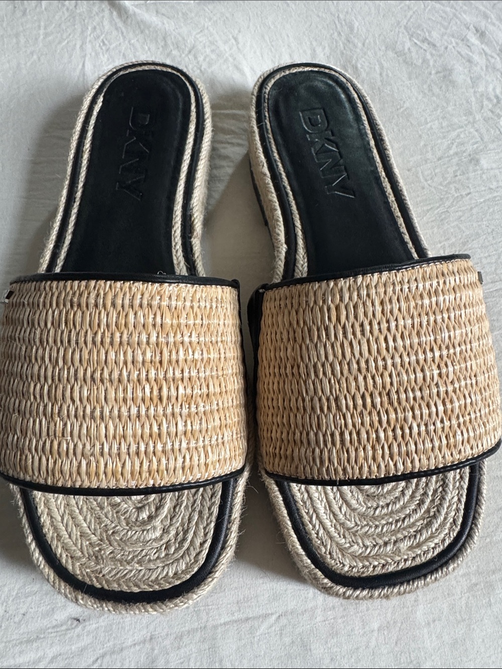 DKNY Natural Beige Woven Slide Mules with Black Trim